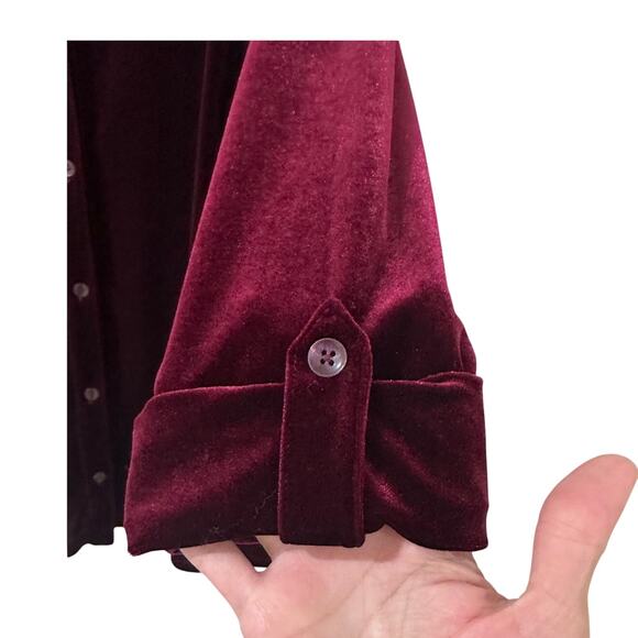 Burgundy Women's Velvet Button Up Long Button Sleeve Boyfriend Tunic, L - Picture 4 of 8